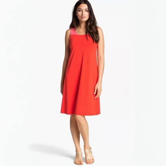 Eileen Fisher Colorblock Cutout Midi Dress Size Medium Red Pink - Picture 1 of 8